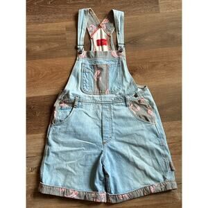 Vintage 90s denim shortalls grunge overall shorts Paisley print bib women's M/L